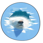 Polar bear face rug featuring a calm white bear emerging through icy geometric shards on a soft blue background