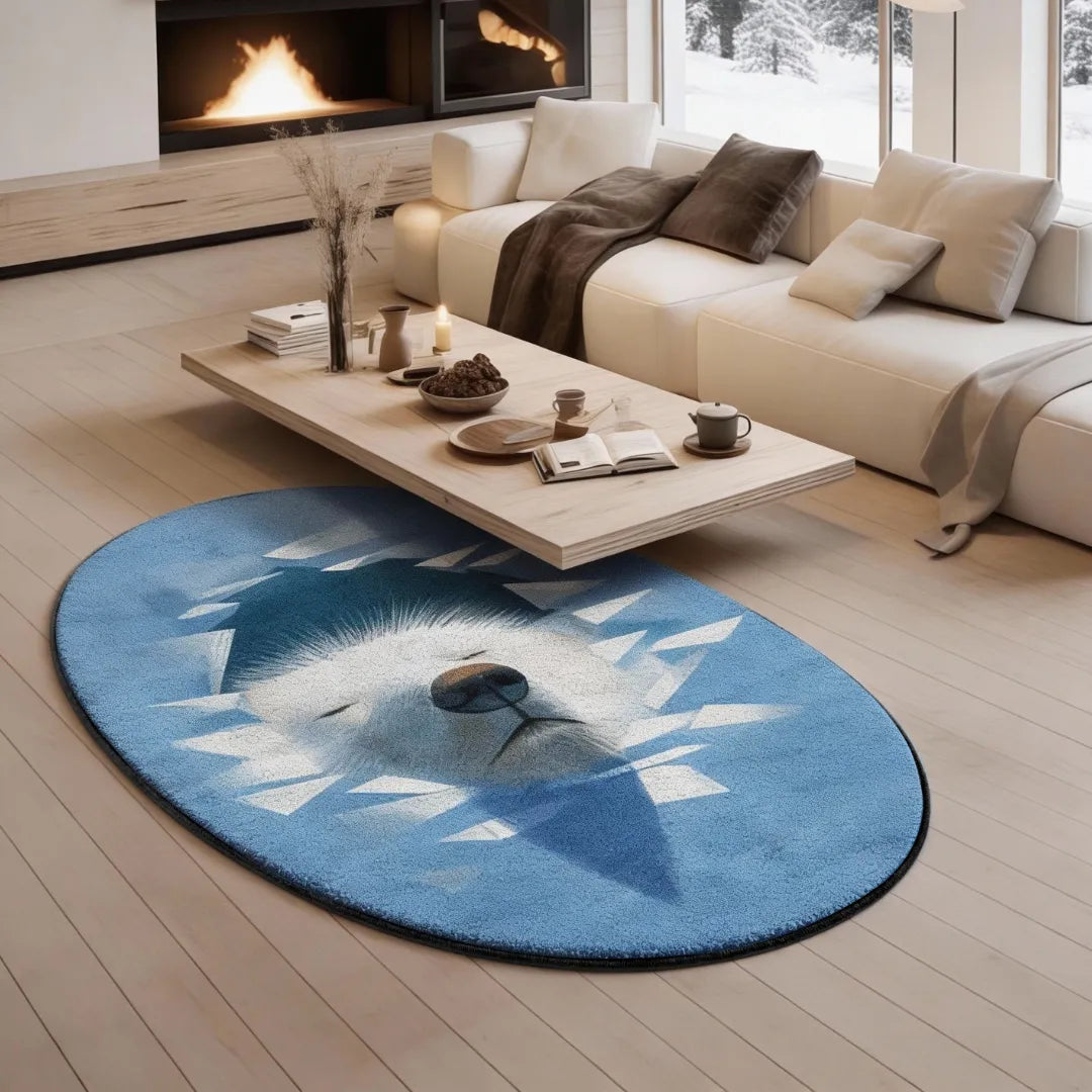 Polar bear face rug placed in a serene living room with light wood flooring, neutral seating, and soft winter light