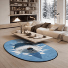 Polar bear face rug placed in a serene living room with light wood flooring, neutral seating, and soft winter light