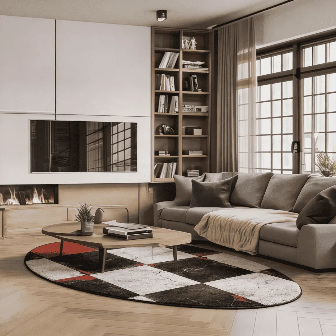 Irregular black white red rug living room