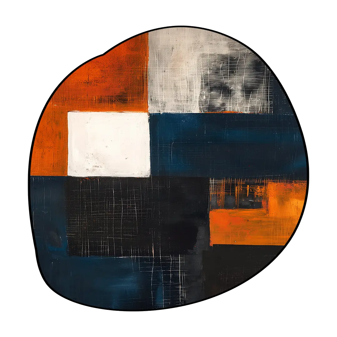 Irregular dark blue and burnt orange abstract rug living room