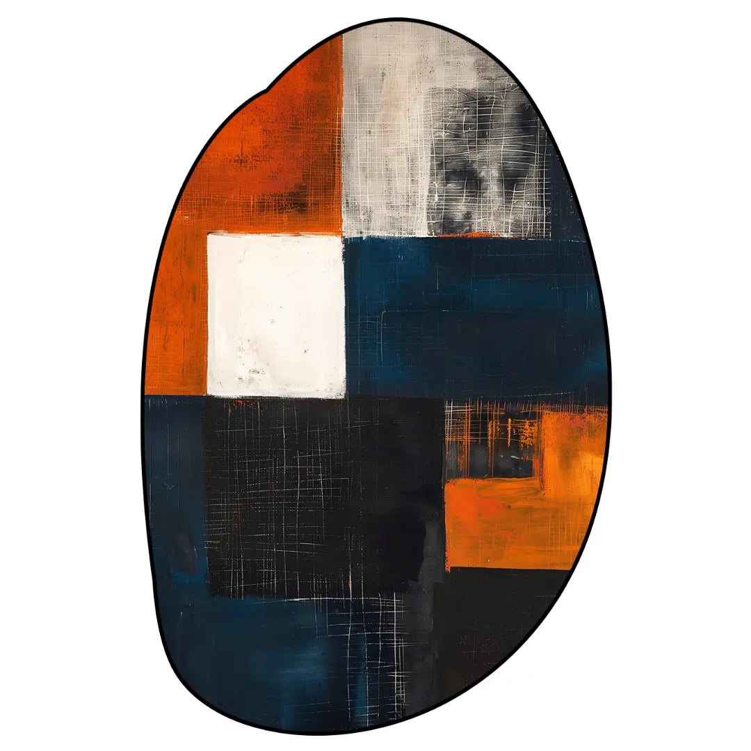 Irregular dark blue and burnt orange abstract rug living room