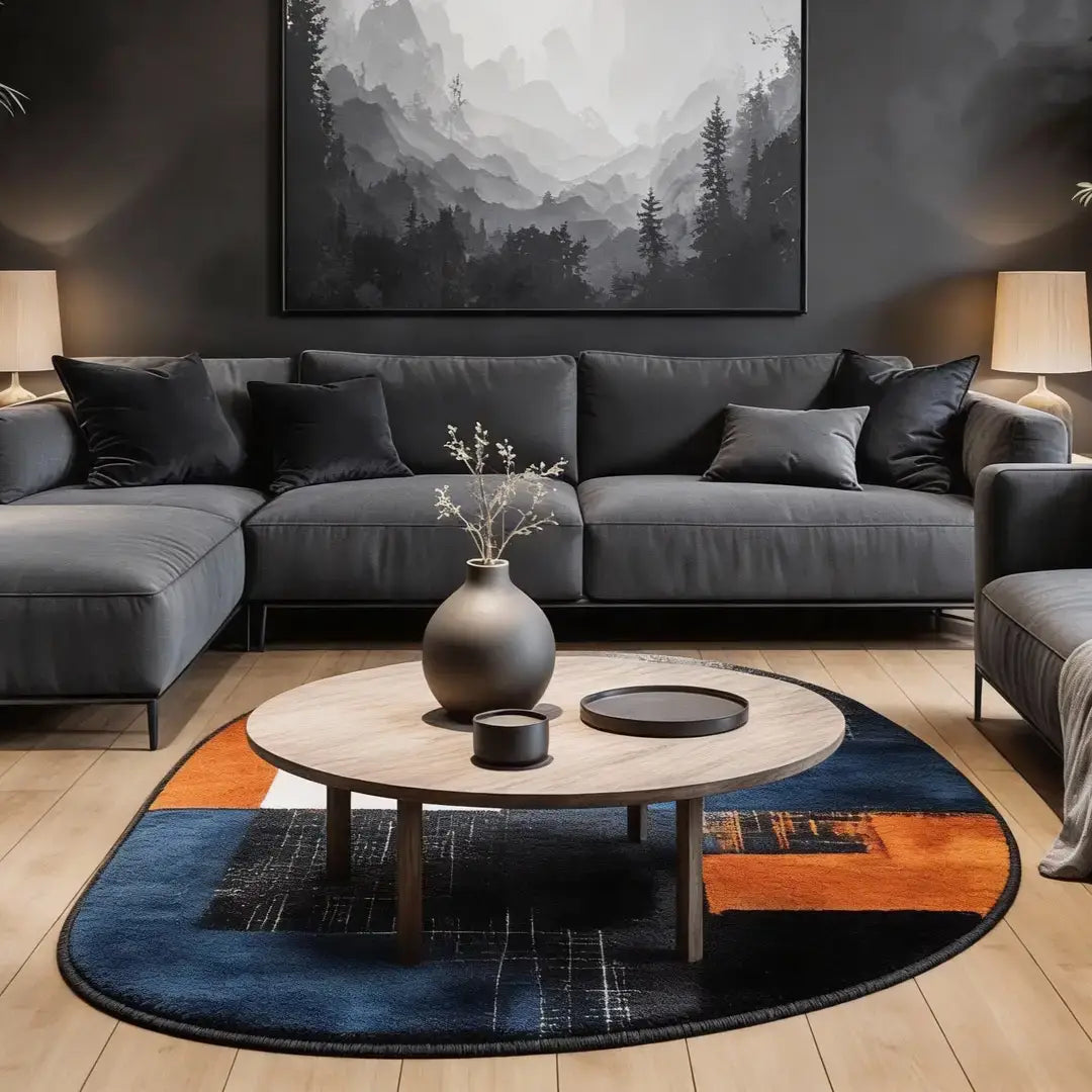 Irregular dark blue and burnt orange abstract rug living room