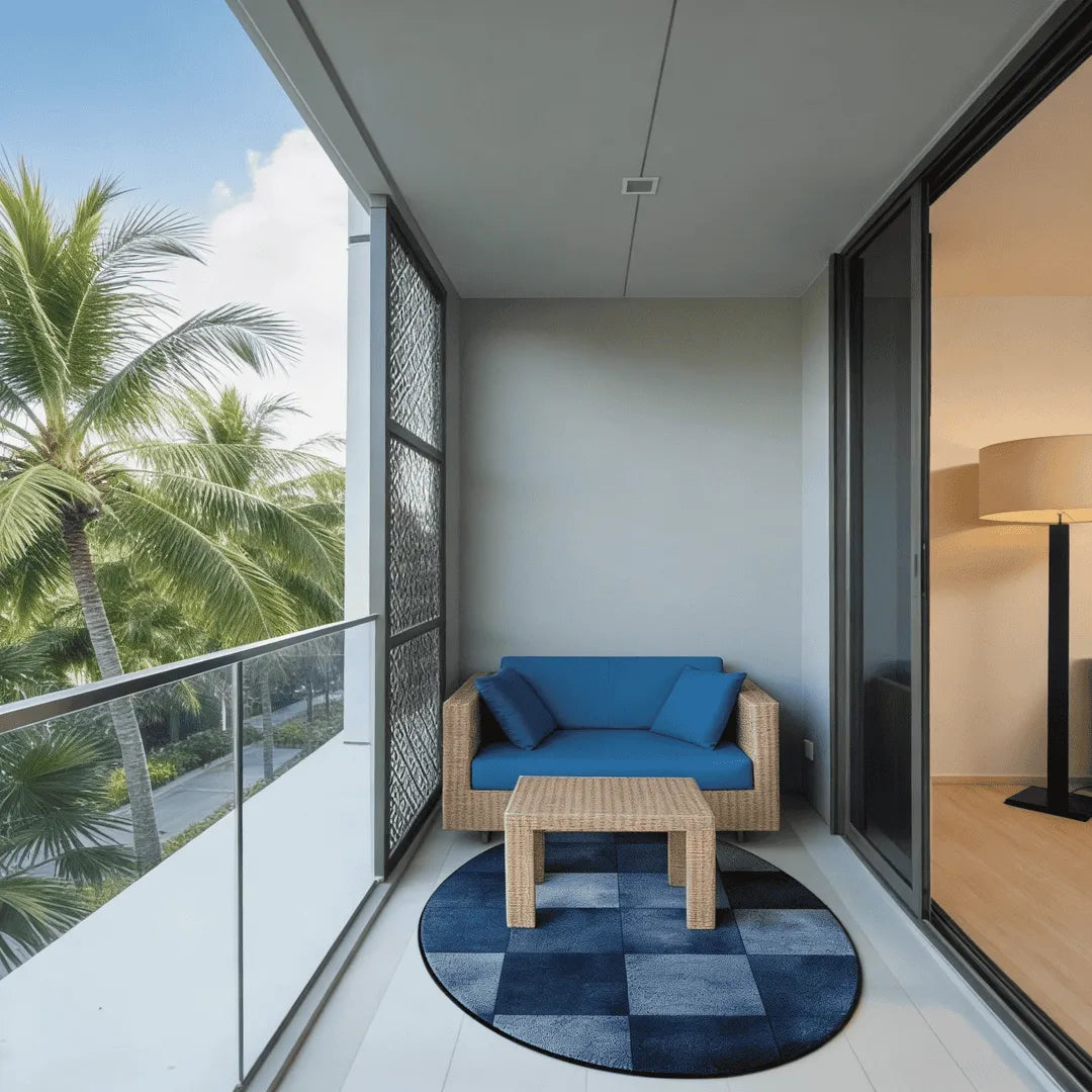 Irregular blue checkered rug balcony nook
