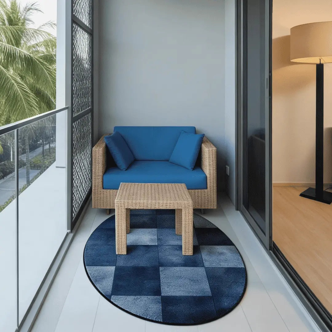 Irregular blue checkered rug balcony nook