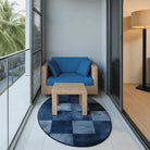 Irregular blue checkered rug balcony nook