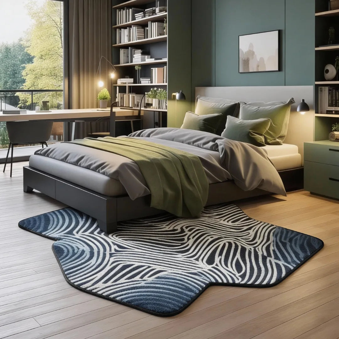 Irregular zebra rug bedroom