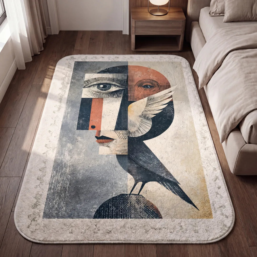 Stamp inspired rug bedroom