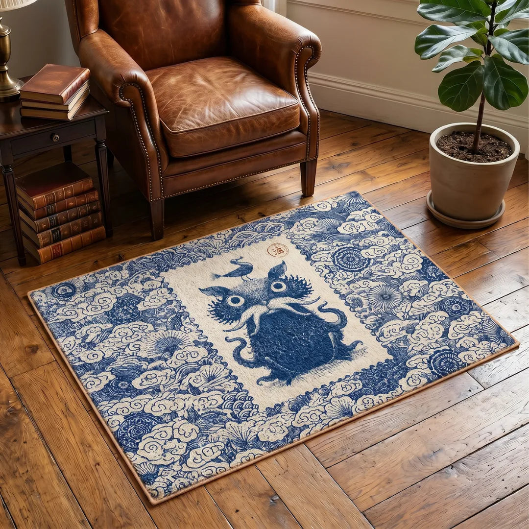 Stamp inspired rug living room