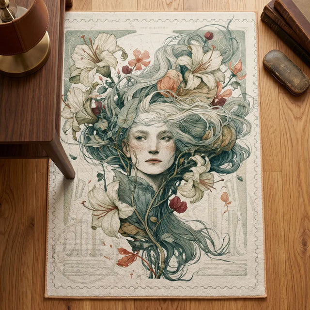 Lily of the Inner Hour – Stamp-Inspired Rug | 4.5 x 6 ft | Living Room & Reading Nook