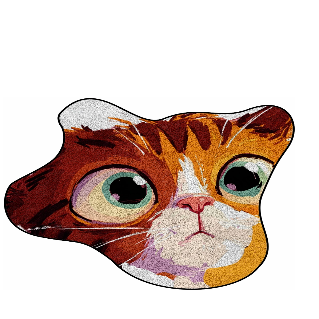 Little Wonder irregular cat-shaped rug with wide eyes and illustrated details on a dark background