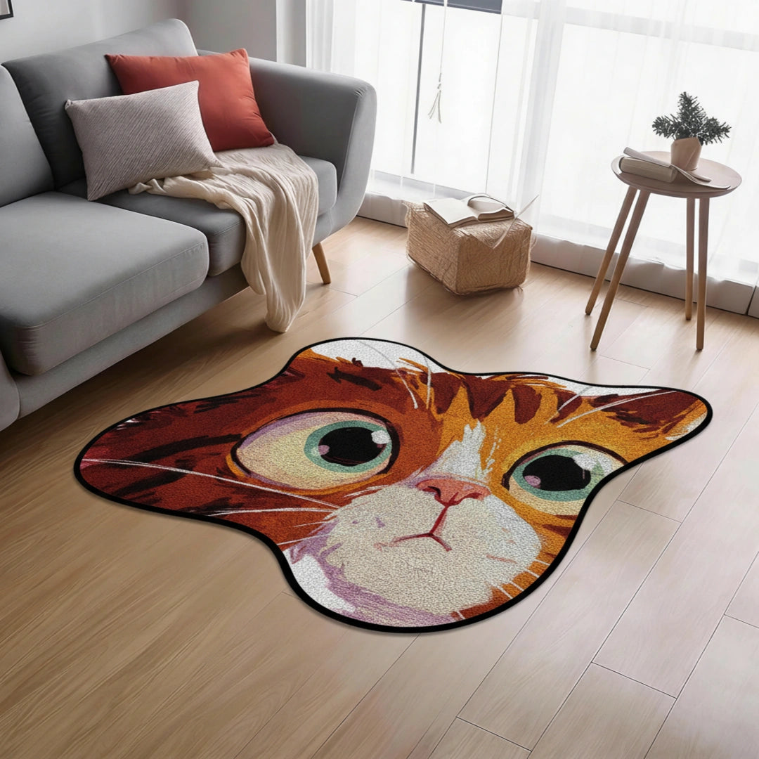 Little Wonder cat-shaped rug placed on a living room floor beside a sofa in natural daylight