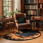 Irregular dark blue and ochre wave rug living room reading nook