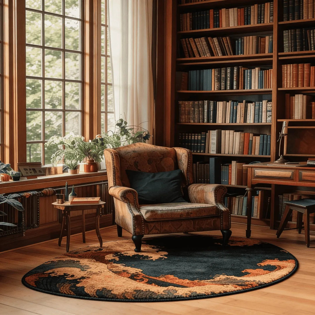 Irregular dark blue and ochre wave rug living room reading nook