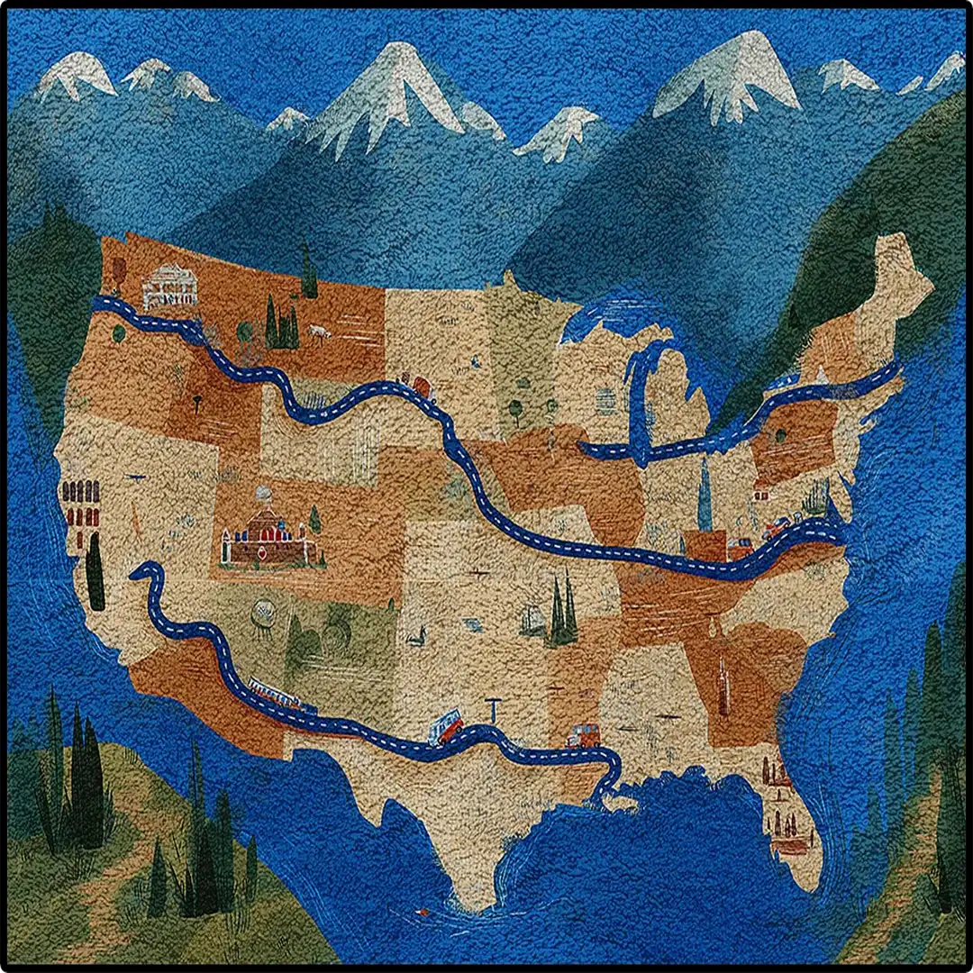 Long Way Home illustrated map rug showing winding routes across the United States in soft blue and earth tones