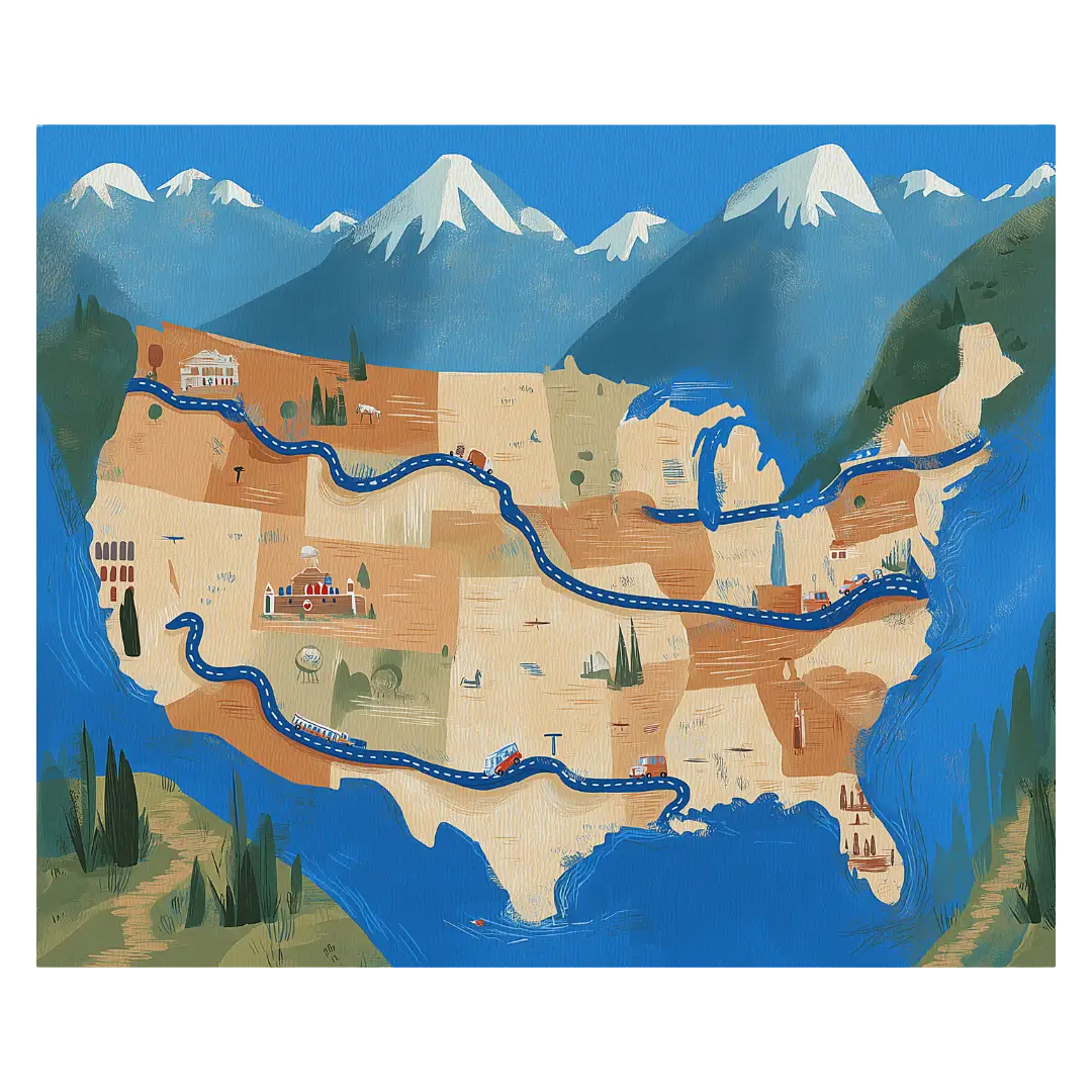 Long Way Home illustrated map rug showing winding routes across the United States in soft blue and earth tones
