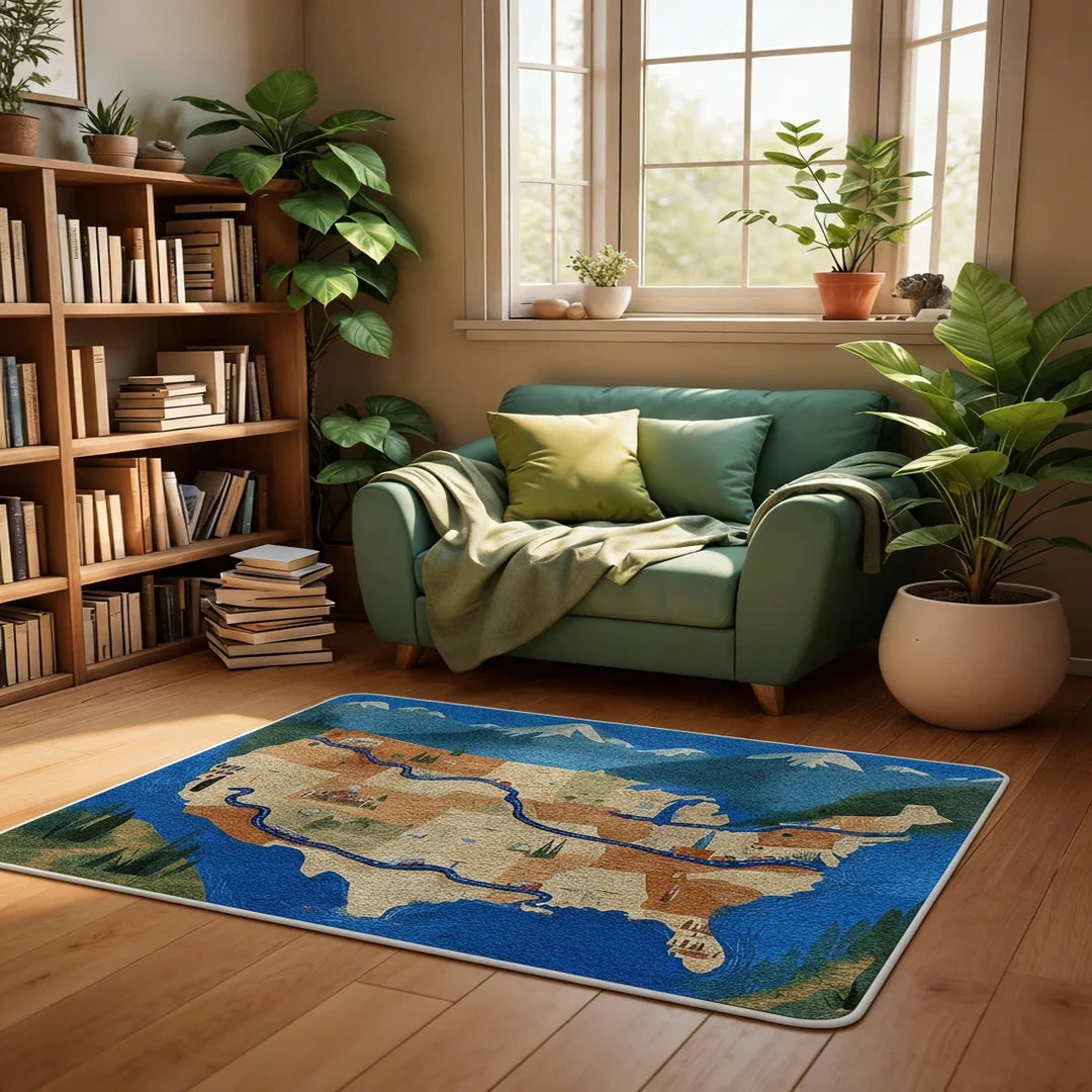 Long Way Home map-inspired rug placed on a living room floor beside a sofa, creating a warm travel-themed look