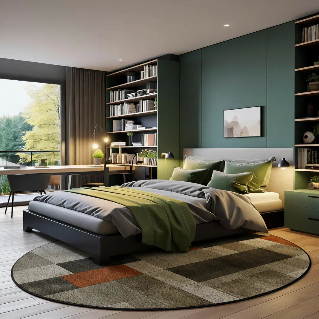 Irregular earthy green and beige rug bedroom