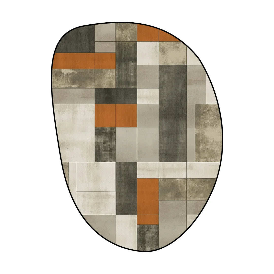 Irregular earthy green and beige rug bedroom