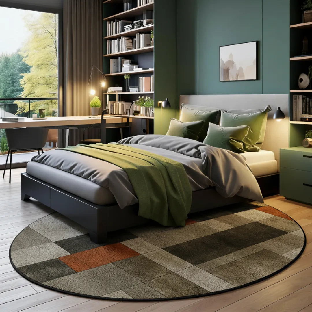 Irregular earthy green and beige rug bedroom