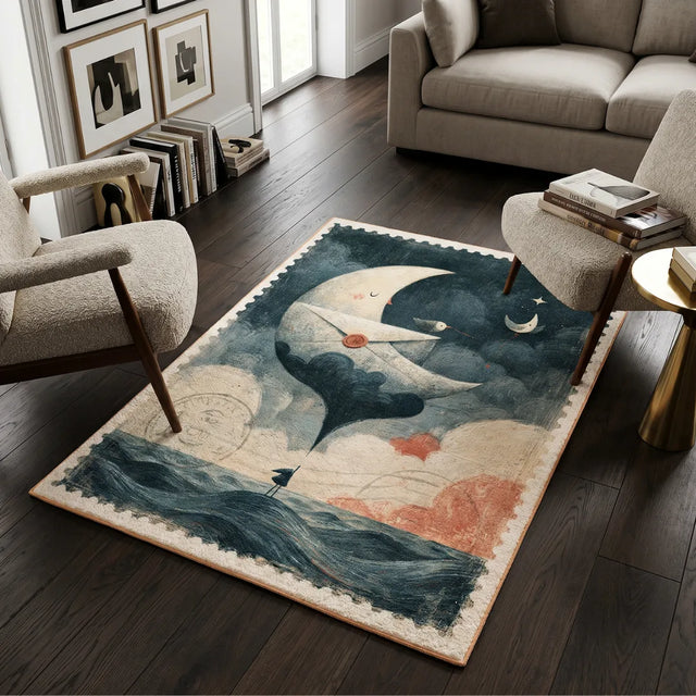 Lunar Letter – Stamp-Inspired Rug | 4.5 x 6 ft | Living Room & Reading Nook