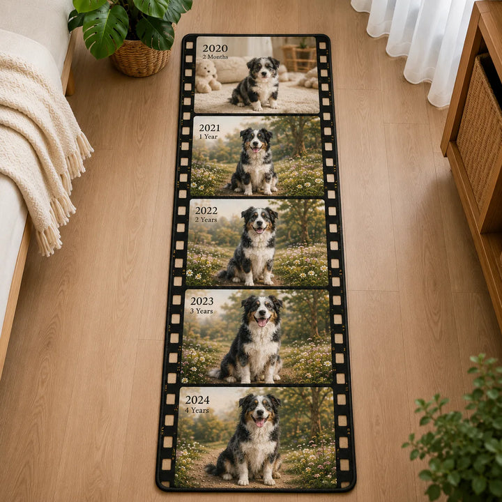 Filmstrip-style personalized pet milestone runner rug telling your pet's story through multiple custom photos arranged in chronological order.