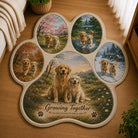 Personalized pet milestone rug in a dog paw shape featuring seasonal memories and a custom photo collage designed from multiple pet photos.