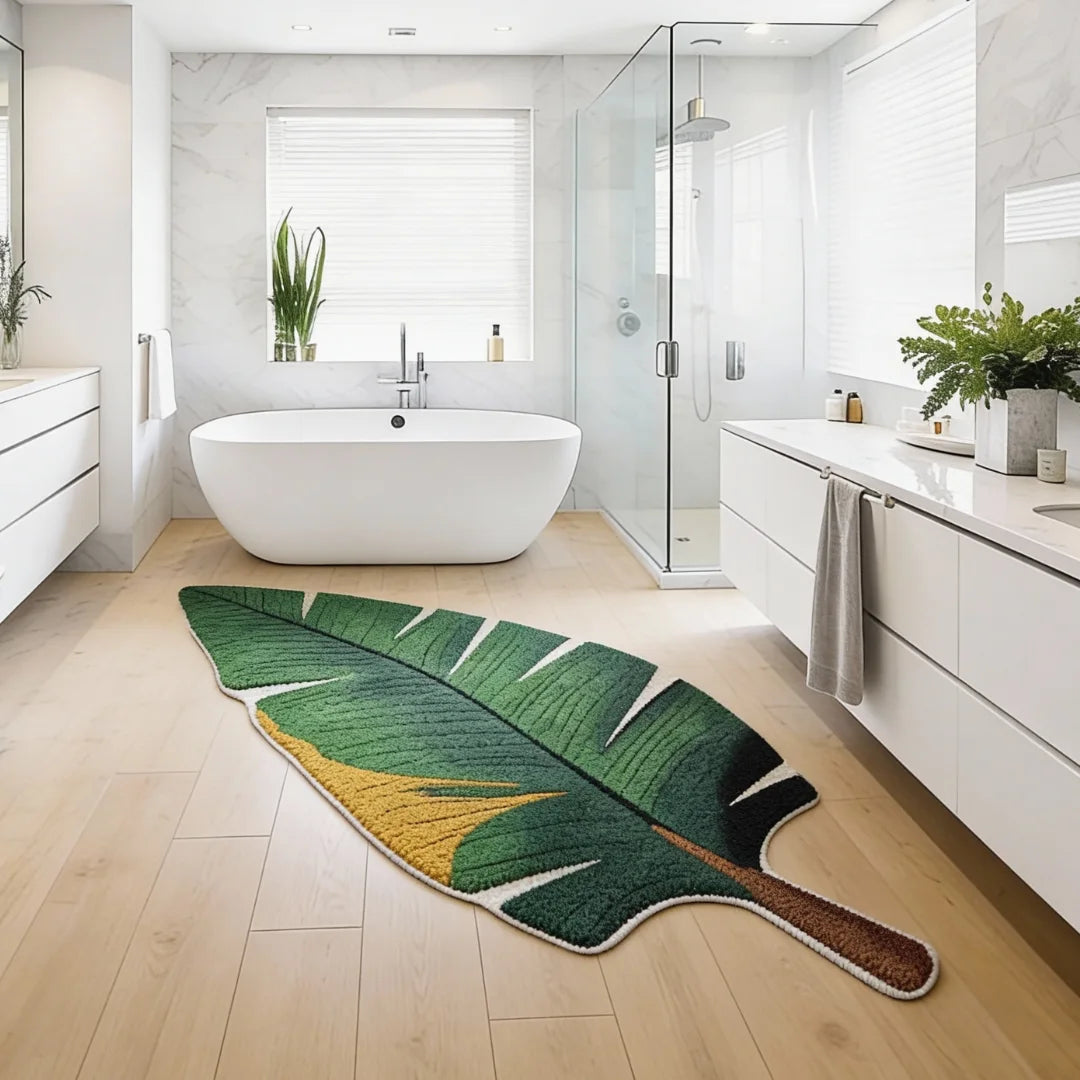 Leaf-shaped green rug placed in a modern bathroom with a freestanding bathtub, light wood flooring, and natural daylight