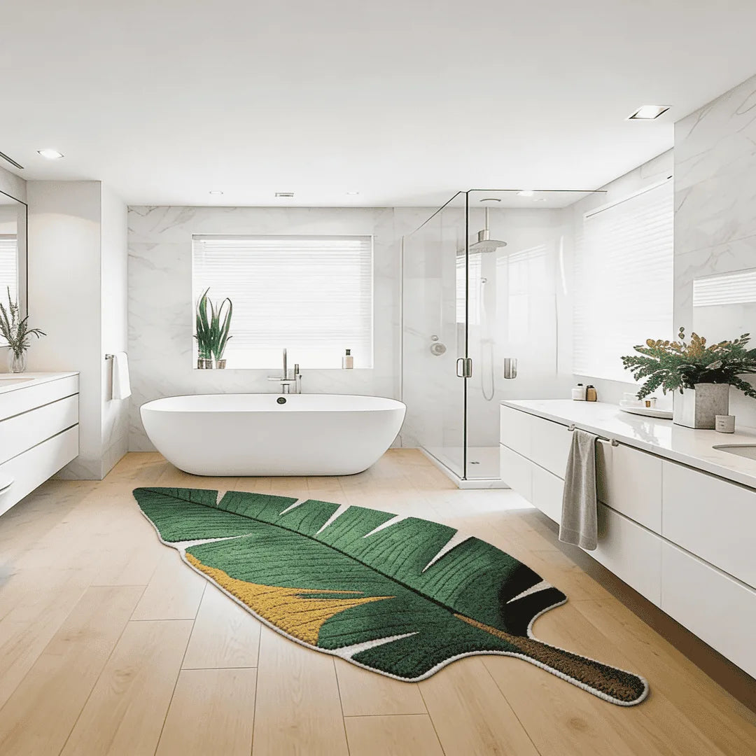 Leaf-shaped green rug placed in a modern bathroom with a freestanding bathtub, light wood flooring, and natural daylight