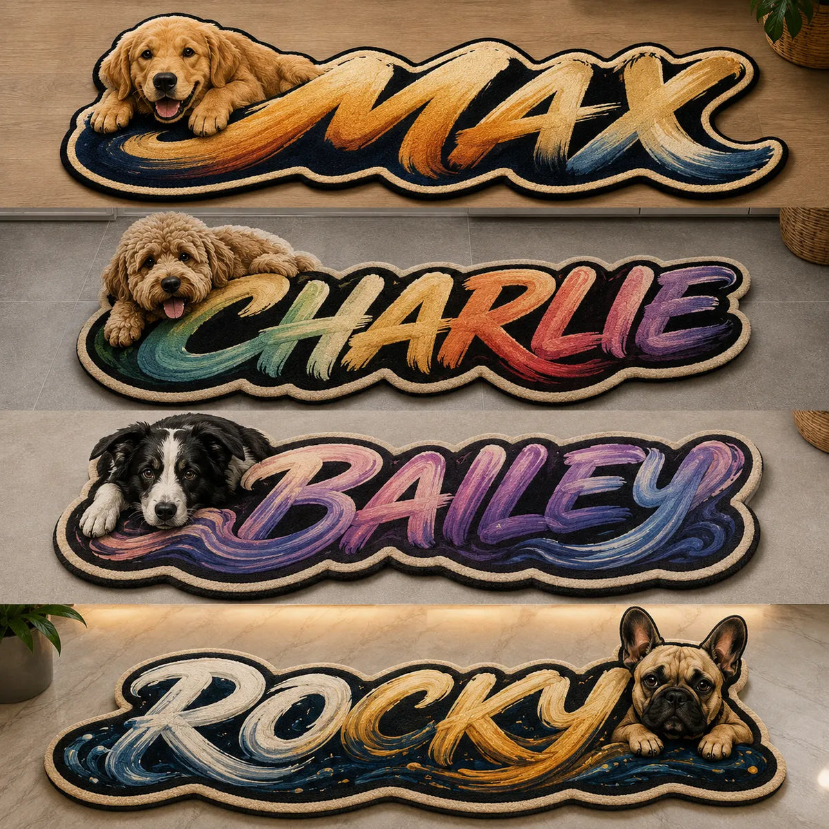 Personalized pet name rugs featuring artistic paint brush lettering with custom dog portraits, including Golden Retriever, Goldendoodle, Border Collie, and French Bulldog designs in custom die-cut faux cashmere rugs.