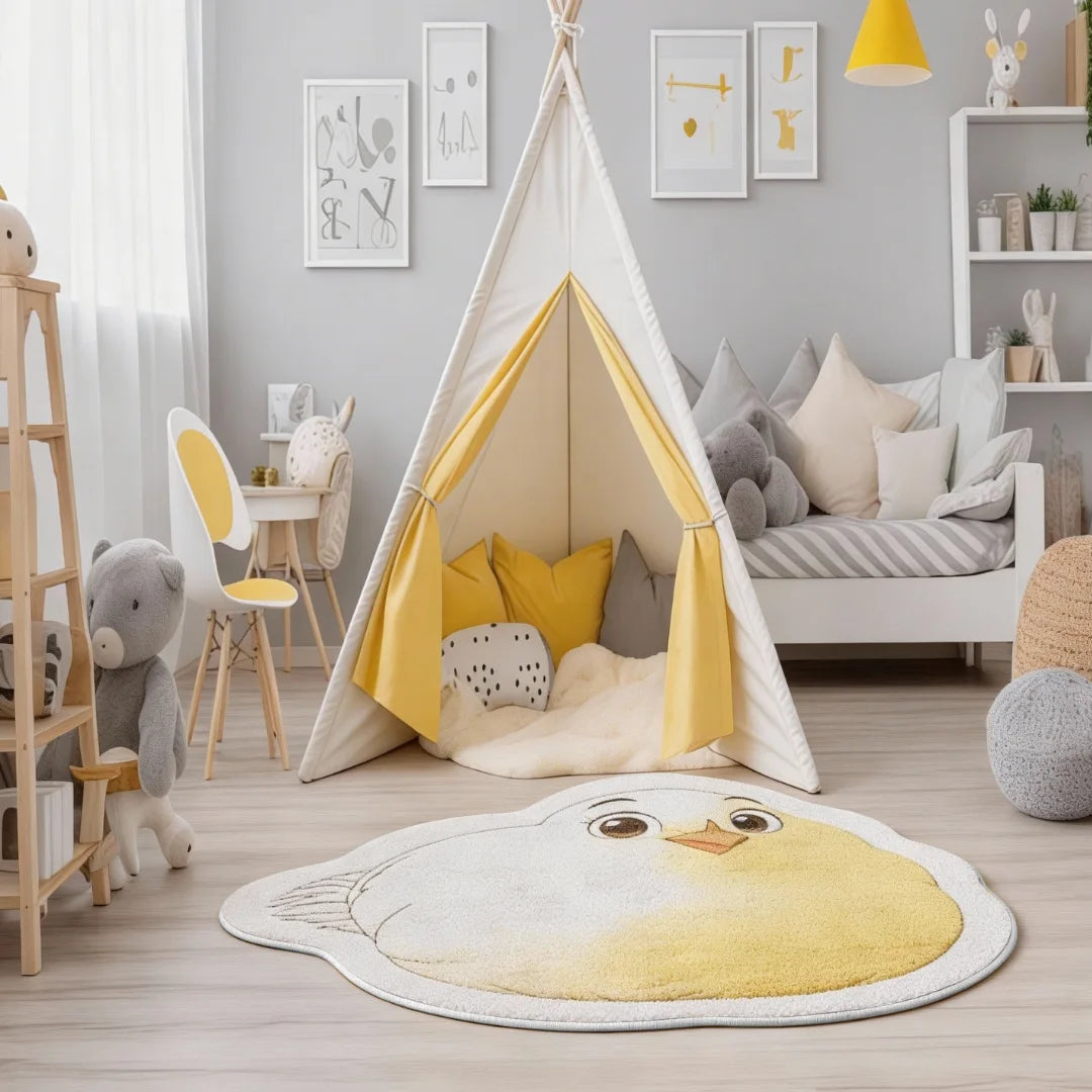 Irregular yellow chick rug placed in a bright kids room and playroom with a teepee tent, toys, and soft neutral decor