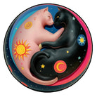 Night Holds Us round rug featuring two cats in a yin-yang composition with sun, moon, and stars