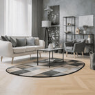 Irregular neutral gray and beige checkered rug living room