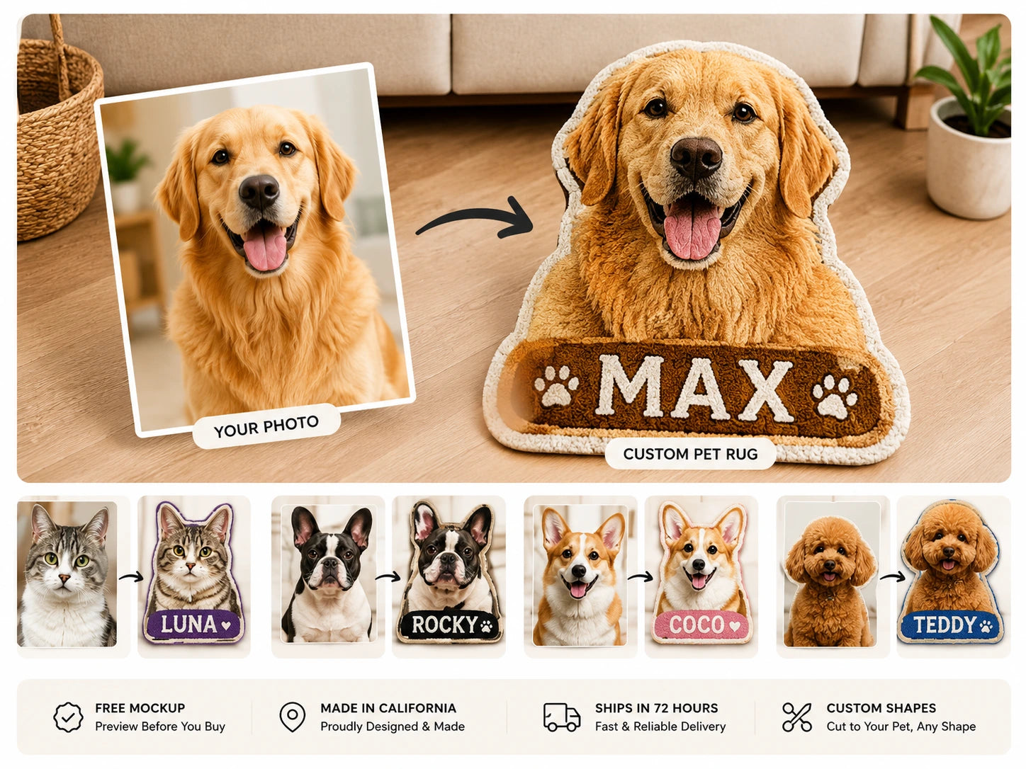 Custom pet rug made from a customer photo with personalized dog and cat rug examples