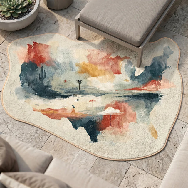 Palm at Noon – Irregular USA Map Rug | 6 x 4.5 ft | Patio & Balcony