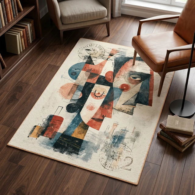 Passenger in Fractured Time – Stamp-Inspired Expressionism Rug | 4.5 x 6 ft | Living Room & Reading Nook