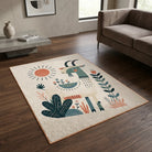 Stamp inspired naïve art rug living room reading nook