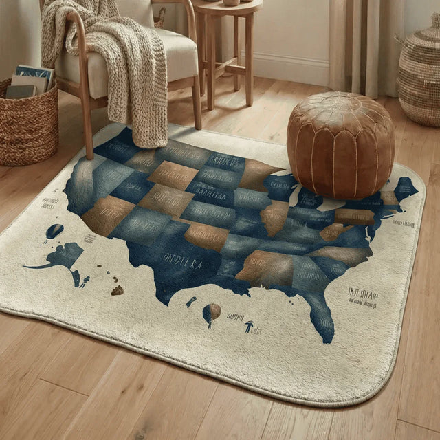 Patchwork Union – Irregular USA Map Rug | 6.5 × 5.5 ft | Living Room