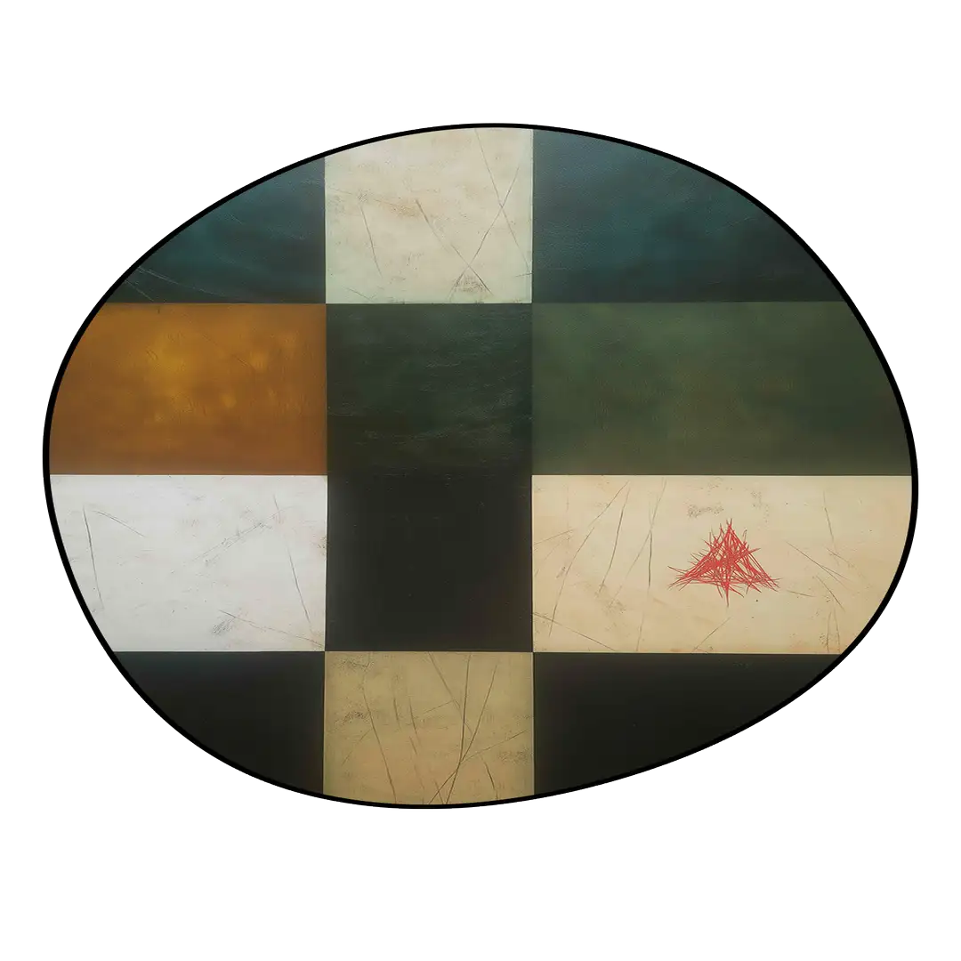 Irregular earthy green and beige rug balcony nook