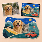 Pet photo, digital design proof and finished custom pet lifestyle rug shown together