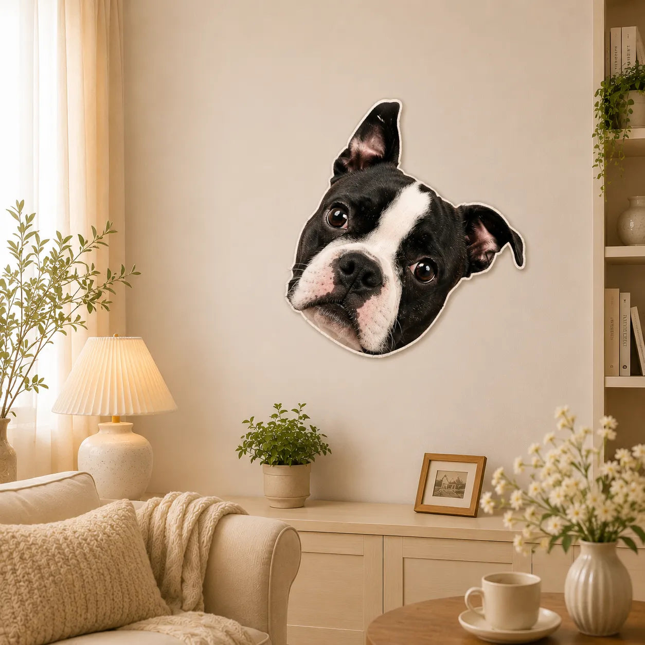 Custom Boston Terrier portrait wall rug displayed as playful pet wall decor in a cozy modern living room with soft neutral furnishings.