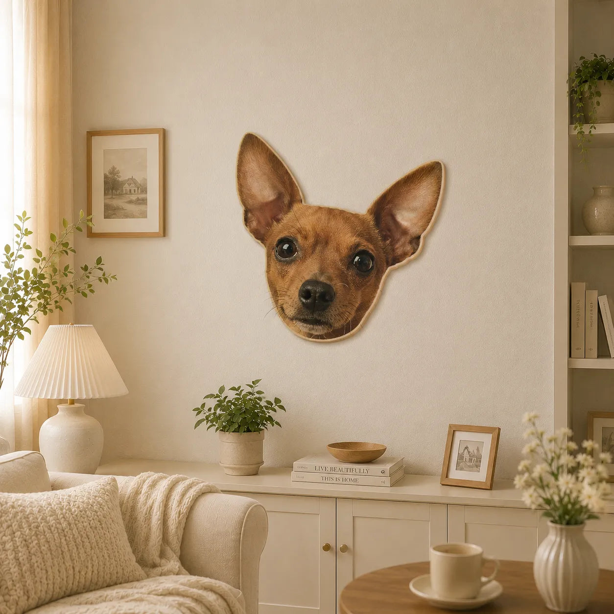 Custom Chihuahua portrait wall rug displayed as playful pet wall decor in a cozy modern living room with warm neutral styling.