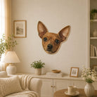 Custom Chihuahua portrait wall rug displayed as playful pet wall decor in a cozy modern living room with warm neutral styling.