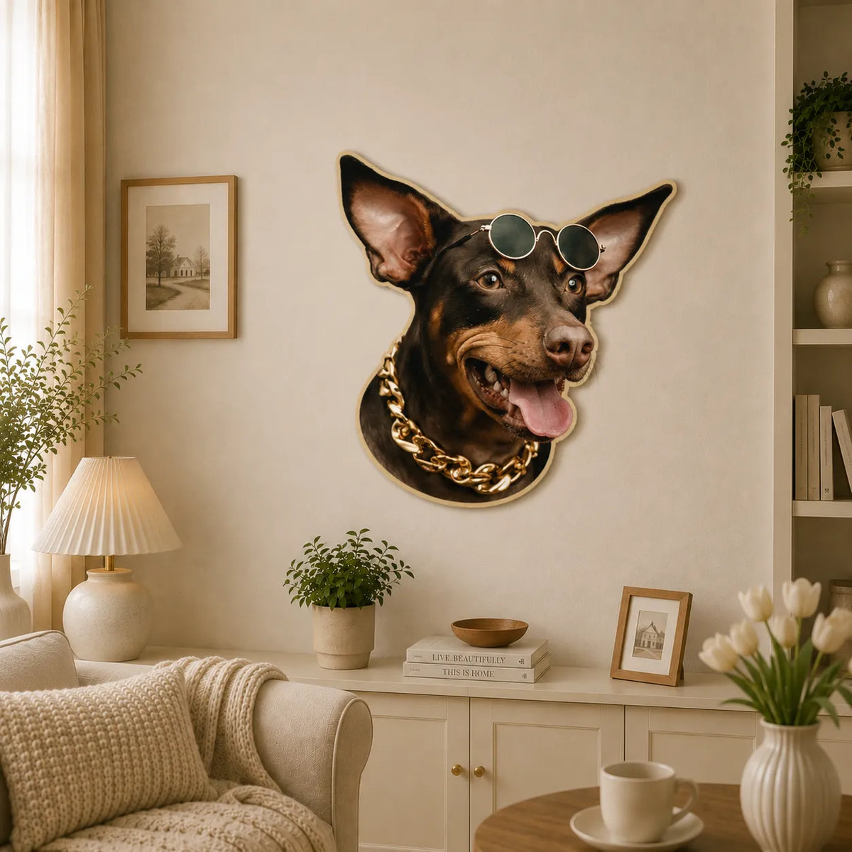 Custom Doberman portrait wall rug with sunglasses and gold chain, displayed as bold pet wall decor in a stylish modern living room.
