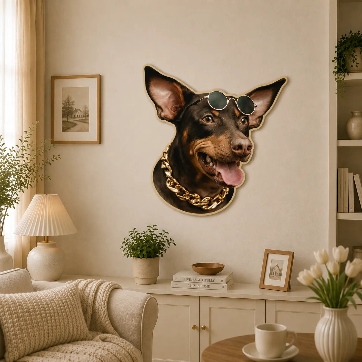 Custom Doberman portrait wall rug with sunglasses and gold chain, displayed as bold pet wall decor in a stylish modern living room.