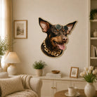 Custom Doberman portrait wall rug with sunglasses and gold chain, displayed as bold pet wall decor in a stylish modern living room.