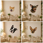 Gallery of custom pet portrait wall rugs featuring four different dog face designs displayed as decorative wall art in cozy living room settings.