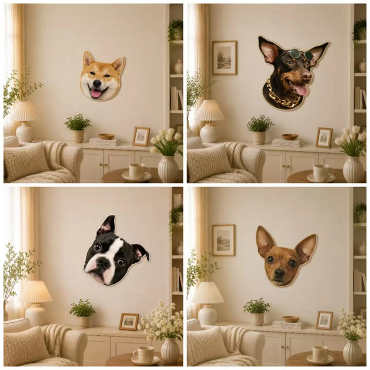 Gallery of custom pet portrait wall rugs featuring four different dog face designs displayed as decorative wall art in cozy living room settings.