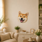 Custom Shiba Inu portrait wall rug displayed as modern pet wall decor in a warm and cozy living room setting.