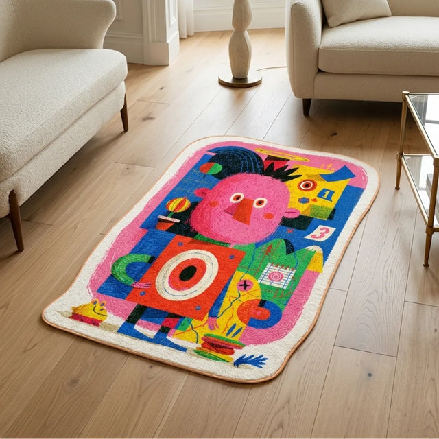 Pink Almanac – Stamp-Inspired Rug | 4 x 6 ft | Living Room & Reading Nook